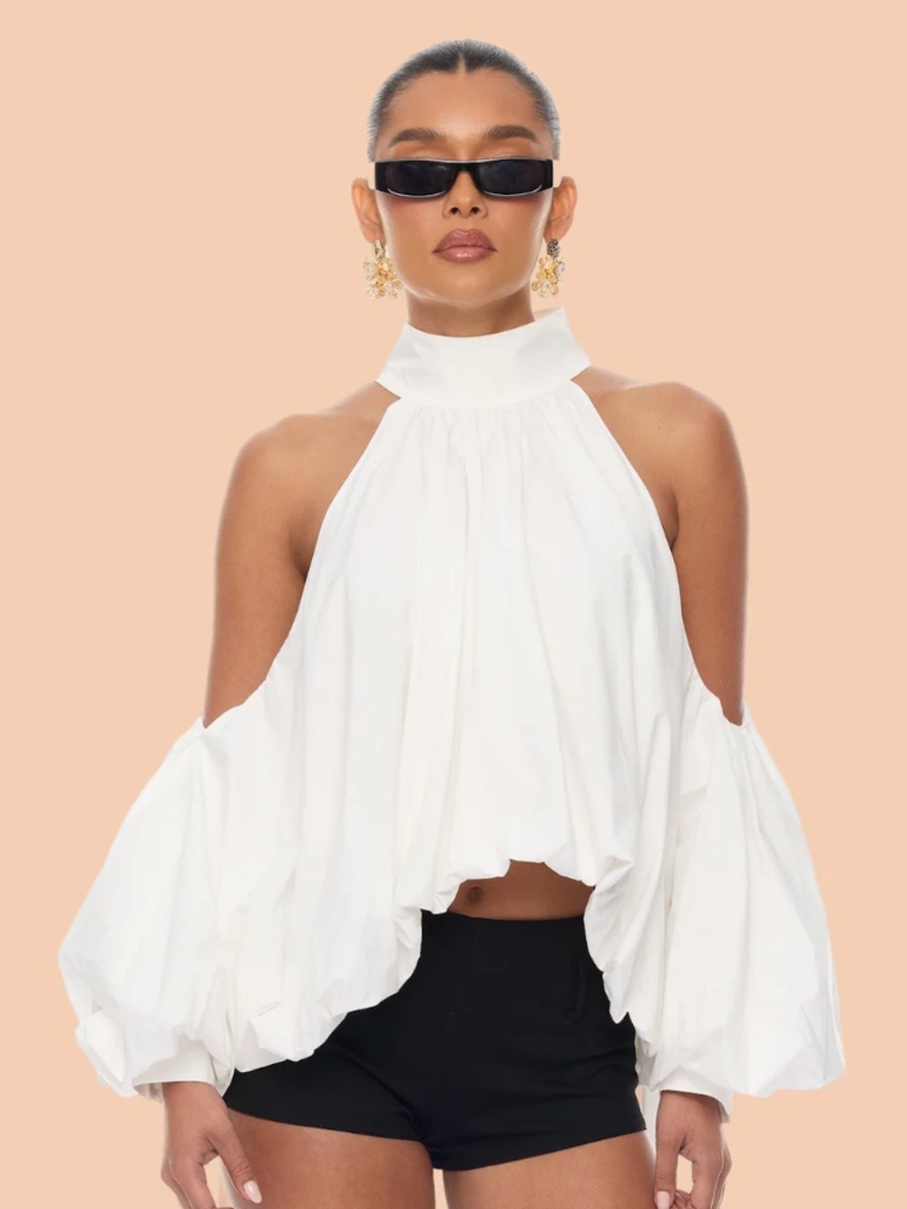 White High Neck Cold Shoulder Bubble Hem Statement Top